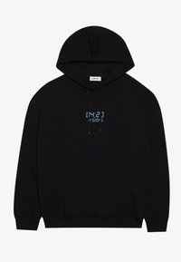 Black hoodie made of soft fabric, featuring a blue digital clock graphic on the chest, a front pocket, and a drawstring hood.