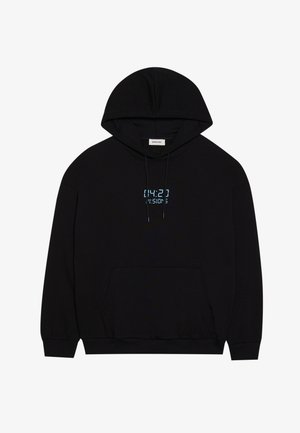Black hoodie made of soft fabric, featuring a blue digital clock graphic on the chest, a front pocket, and a drawstring hood.