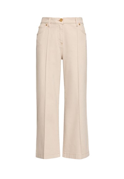 Beige wide-leg trousers made of cotton with front pockets, a button closure, and subtle stitching details along the seams.