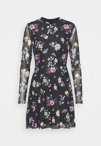 Vestido negro con estampado floral, mangas largas transparentes, patrones de flores coloridos, cuello redondo y falda acampanada. Textura suave.