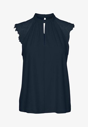 Navy blue sleeveless blouse with a high neck, lace detailing on shoulders, keyhole front, and a loose fit. Smooth fabric texture.