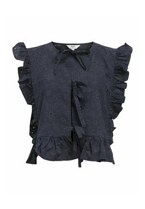 Blouse bleu marine avec des manches courtes à volants, texture florale, fermeture à nouer à l'avant et bas évasé. Présente des détails en œillets et des accents superposés.