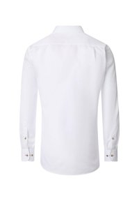 Weißes Langarmhemd mit klassischem Kragen, ausgestattet mit geknöpften Manschetten und glatter Textur, entworfen mit einem einfachen, klaren Look.