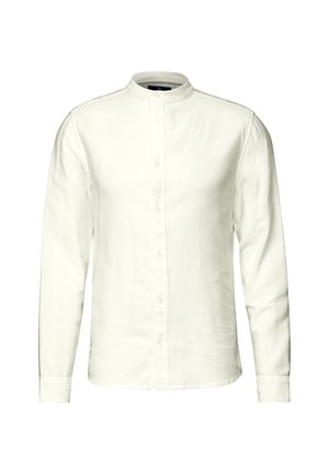 Long-sleeve white shirt with mandarin collar and front buttons, displayed on a white background.