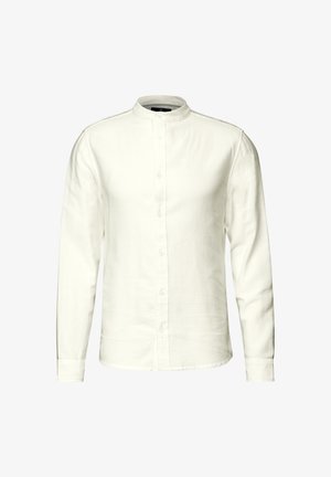 Chemise blanche à manches longues avec col mandarin et boutons à l'avant, présentée sur un fond blanc.