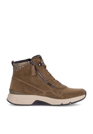 Brown suede high-top sneaker with beige sole, side zipper, lace-up front, and leopard print collar lining.