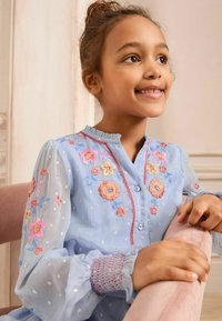 Blusa azzurra chiara ricamata con motivi floreali, chiusura frontale con bottoni, scollatura arricciata e polsini arricciati. Tessuto trasparente con dettagli metallici.