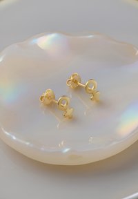 Orecchini a perno in oro con simboli di genere femminile, superficie liscia con finitura lucida, esposti su un piatto perlaceo.