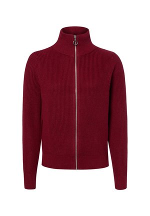 Bordeauxroter Strickpullover mit durchgehendem Frontreißverschluss und hohem Kragen, langen Ärmeln sowie gerippten Bündchen und Saum.