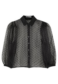 Zwarte doorzichtige blouse met een kraag en knoopsluiting. Heeft uitlopende mouwen en ingewikkelde stippenpatronen door de stof.