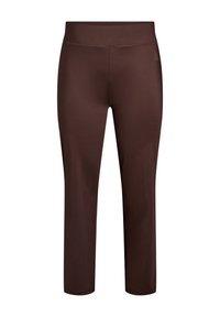Brown stretch leggings with a high waistband, smooth texture, and ankle length. Features a subtle logo on the side.
