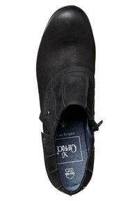 Bottine en cuir noir à bout arrondi, fermeture éclair latérale, semelle intérieure de marque indiquant "Caprice" et "bracelet en cuir".