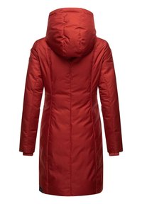 Red padded coat with a high collar and hood. Features elastic cuffs and a straight cut design. Smooth texture and minimalistic detailing.