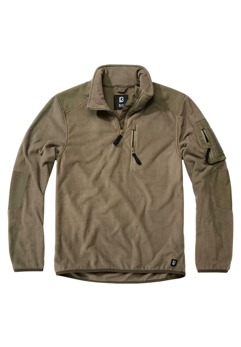 Fleece pullover in olive green with a quarter zip, zippered chest pocket, and reinforced elbow patches in darker green. Soft texture and relaxed fit.