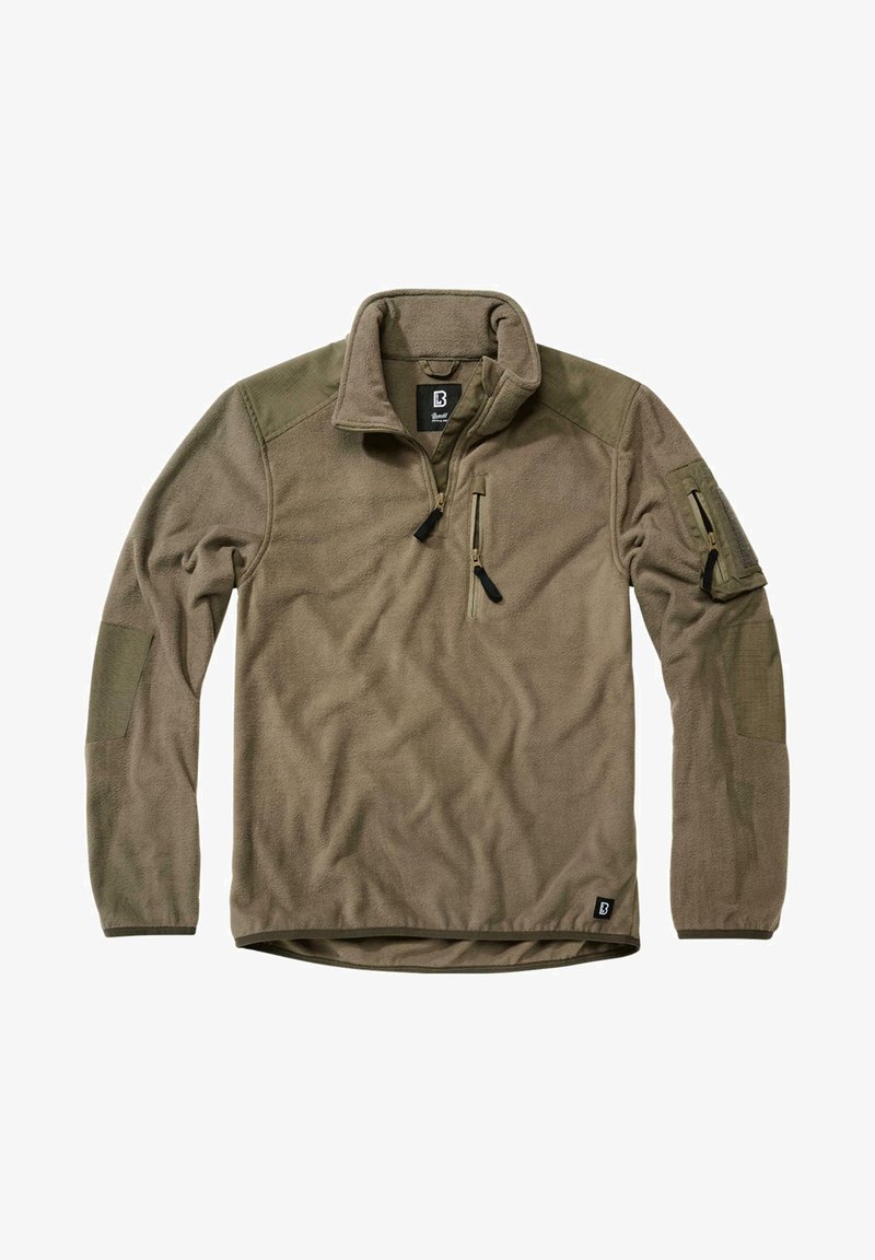 Fleece pullover in olive green with a quarter zip, zippered chest pocket, and reinforced elbow patches in darker green. Soft texture and relaxed fit.