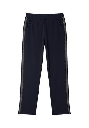Navy pants made from stretchy material, featuring side pockets and a metallic striped accent along the outer seams.