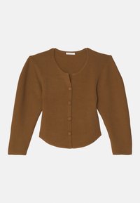 Brun ribbad cardigan med rund halsringning, långa ärmar och femknappsstängning fram, med en något kortad nederkant.