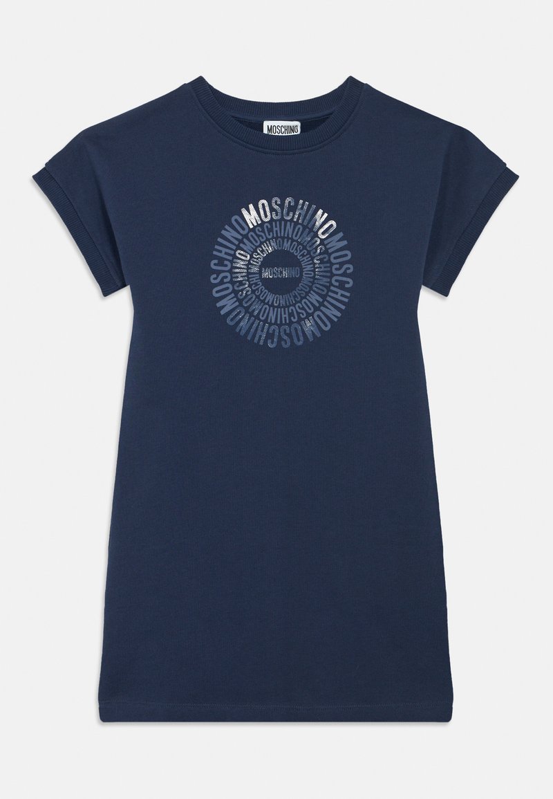 Μπλε βαμβακερό φόρεμα T-shirt με κοντά μανίκια, με κυκλικό λογότυπο Moschino σε ασημένιο τύπωμα στο κέντρο.
