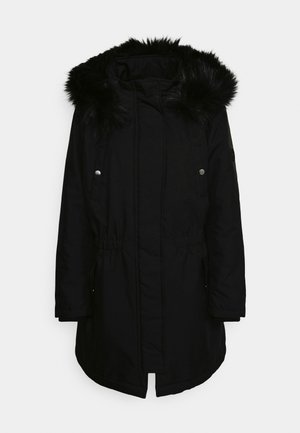 Black parka jacket with a faux fur hood, drawstring waist, and snap button closures; features two front pockets and a curved hem.