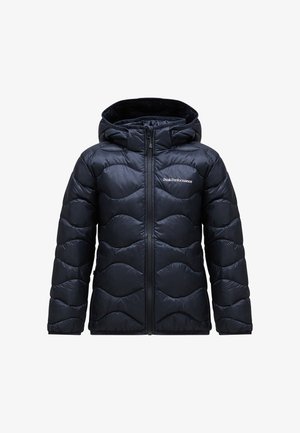 Zwarte pufferjack met een capuchon, met een gevoerd ontwerp en een gladde, glanzende textuur. Voorkant met ritssluiting en logo op de linkerborst.