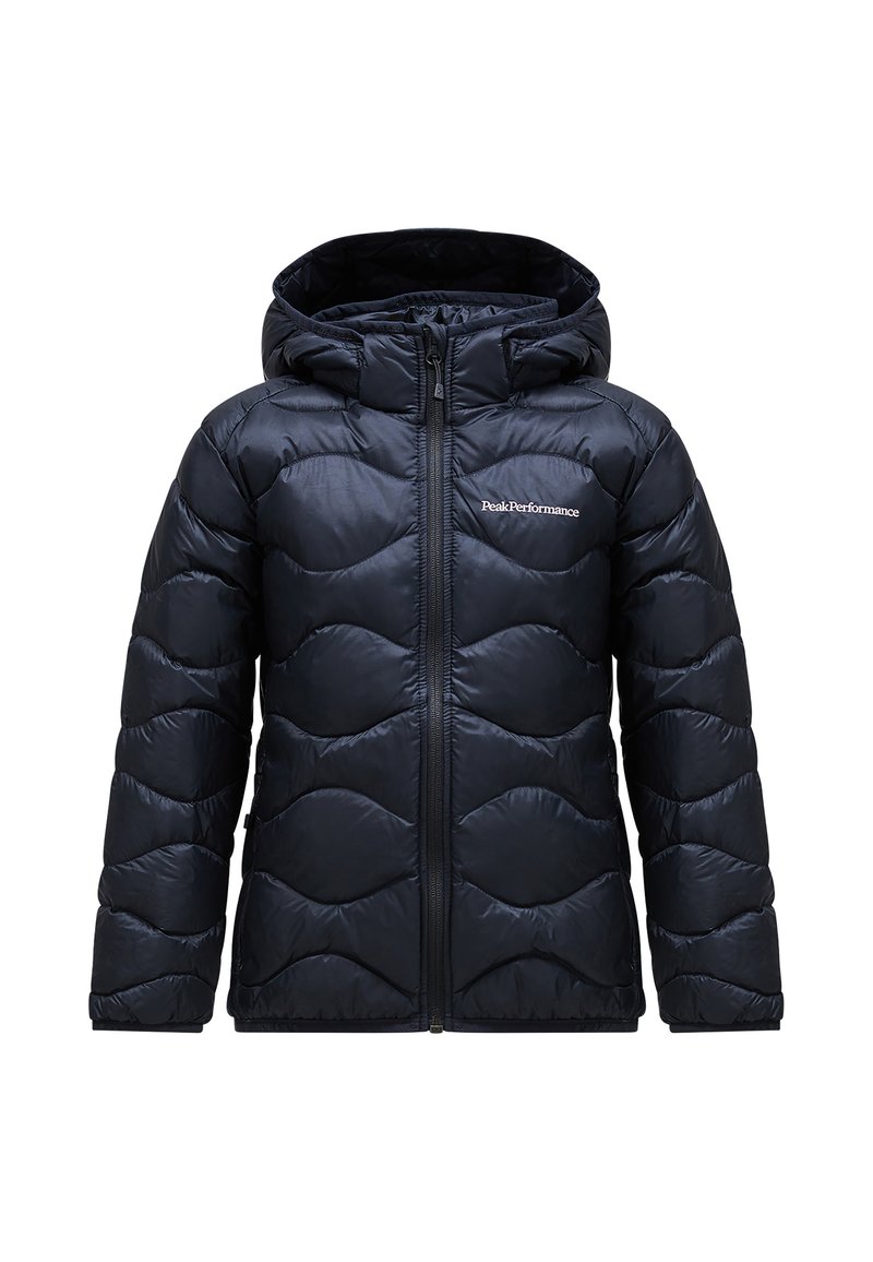 Schwarze Daunenjacke mit Kapuze, mit einem gesteppten Design und glatter, glänzender Textur. Frontreißverschluss und Logo auf der linken Brust.