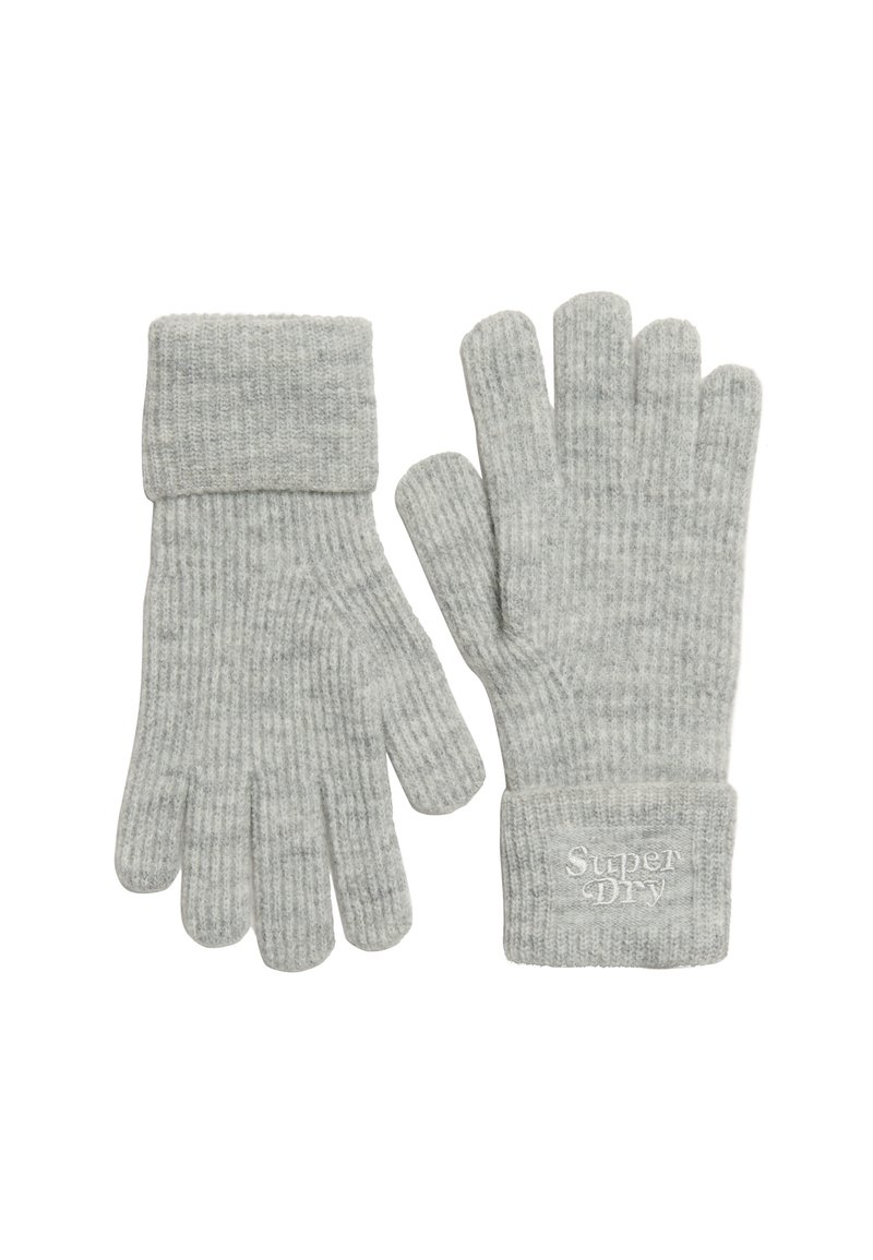 Guantes de punto gris con canalé y muñeca con vuelta. Presentan bordado de logo y un acabado texturizado. Diseñados para brindar calidez y comodidad.