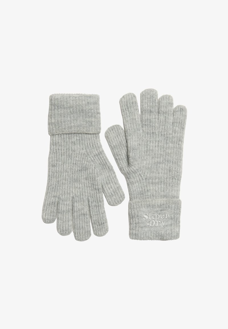 Guantes de punto gris con canalé y muñeca con vuelta. Presentan bordado de logo y un acabado texturizado. Diseñados para brindar calidez y comodidad.