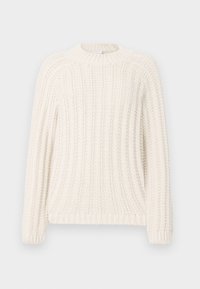 Cream-colored knitted sweater with a ribbed texture, round neck, and long sleeves. Features a relaxed fit and straight hem.