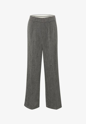 Laiad püksid, mis on valmistatud struktuurse halli kangast, millel on kerged triibud. Omavad kõrget vöökoht ja eesmine voldid, mis lisavad detaili.