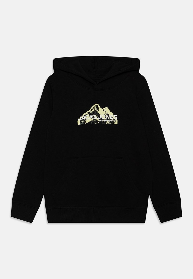 Sweat à capuche noir avec cordon de serrage, poche kangourou à l'avant, et motif montagne. Porte l'inscription "JACK & JONES" en texte blanc en gras.