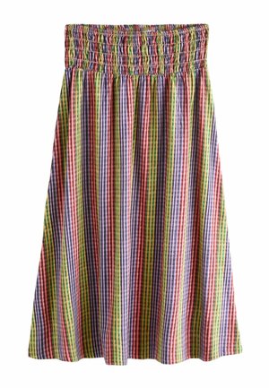 Knielanger Rock mit elastischem, gerafftem Bund, vertikale Streifen in Pink, Rot, Grün, Gelb, Lila und Blau auf einem strukturierten Stoff.