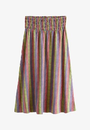 Spódnica do kolan z elastycznym marszczonym paskiem, pionowe paski w kolorach różowym, czerwonym, zielonym, żółtym, fioletowym i niebieskim na teksturowanej tkaninie.