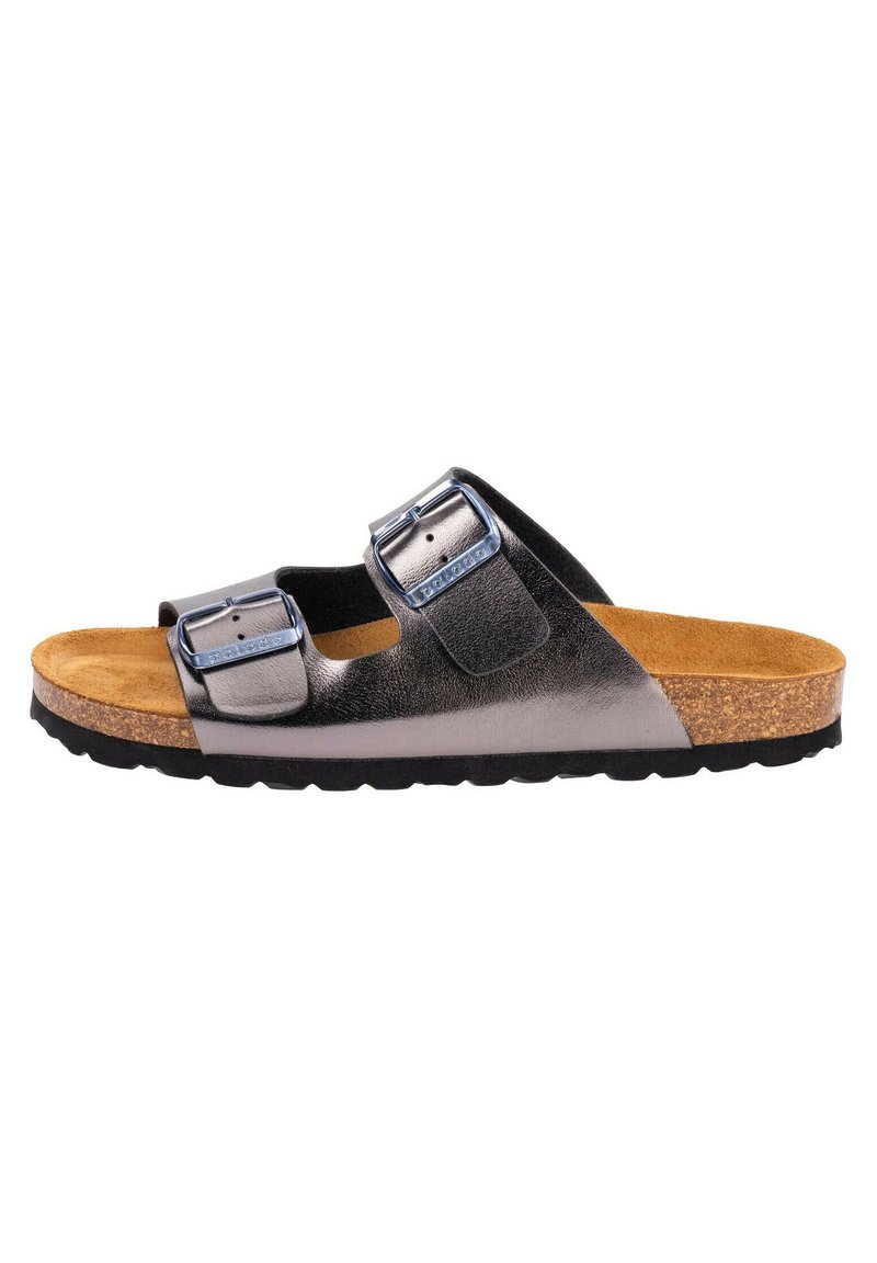 Svart och silver slide-sandal med två justerbara metallspännen, korkfotbädd och texturerad gummisula. Platt form, öppen tåsdesign.