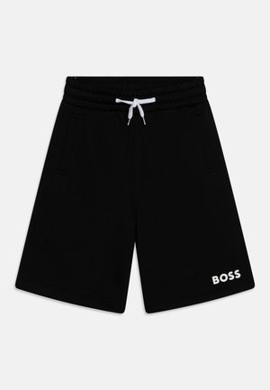 Shorts neri in cotone con vita elastica, cordino bianco, tasche laterali e logo "BOSS" bianco sull'orlo inferiore.