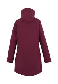 Veste imperméable longue bordeaux avec capuche, vue de dos, présentant une coupe droite et des manches longues.