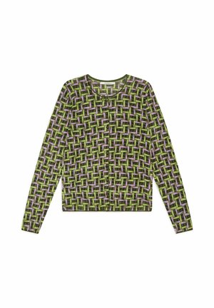 Haut à manches longues présentant un motif géométrique vert, violet et noir. Confectionné dans un tissu doux avec un col rond et une fermeture boutonnée à l'avant.