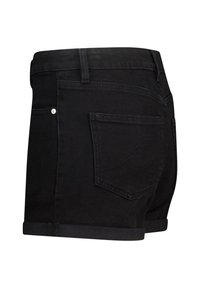 Shorts en denim noir avec une coupe ajustée, ourlet retroussé et deux poches arrière dotées de détails de couture subtils.