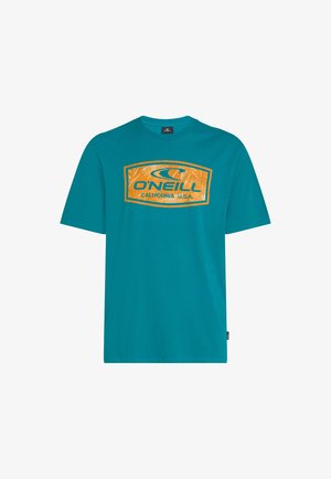 Tyrkysové bavlněné tričko s velkým oranžovým potiskem „O'Neill California U.S.A.“ na přední straně, krátkými rukávy a kulatým výstřihem.