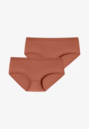 Two pairs of seamless rust-colored women's hipster underwear with high-cut leg openings on a white background.