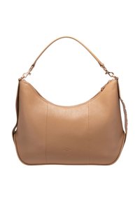 Borsa in pelle tan con una sola tracolla curva e chiusura con zip, caratterizzata da un logo in rilievo sottile al centro anteriore.