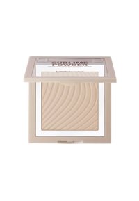 Compatto in polvere beige con un design wave testurizzato sulla superficie, racchiuso in un involucro in plastica trasparente e beige, dotato di una chiusura sicura.