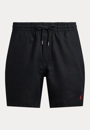 Čierne ľanové šortky s elastickým pásom, nastaviteľným šnúrkou a malým červeným logom v dolnej ľavej časti.