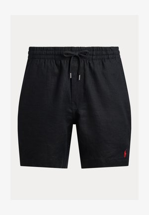 Mustad linased lühikesed püksid elastse vöökohaga, reguleeritava nööriga ja väikese punase logoga all vasakul.