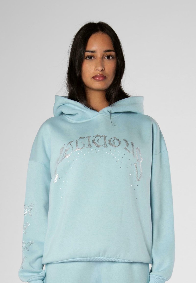 Sudadera azul claro hecha de una mezcla de algodón, con texto plateado brillante y adornos en las mangas. Corte holgado con un bolsillo tipo canguro.