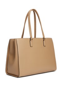 Μπεζ δερμάτινη τσάντα χειρός με δύο μακριά χερούλια, ορθογώνιο σχήμα και καθαρό, μινιμαλιστικό σχέδιο, εμφανιζόμενη σε λευκό φόντο.