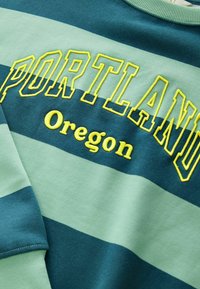 Pulover cu dungi verzi și teal, având brodat în galben "PORTLAND" și cu "Oregon" dedesubt, în text galben mai mic. Material moale.
