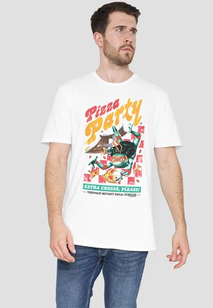White cotton t-shirt featuring a colorful graphic of a cartoon character with a pizza, text "Pizza Party" and "Extra Cheese, Please!"