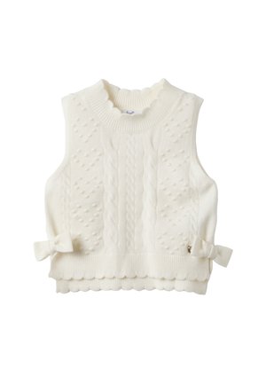 Weißer gestrickter ärmelloser Pullover mit Zopfmuster, gewellten Kanten und Schleifen auf jeder Seite in der Nähe des Saums.