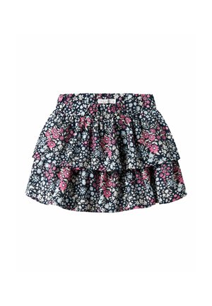 Gonna a balze floreali in blu navy, con strati arricciati che presentano fiori rosa e bianchi. Realizzata in tessuto leggero con vita elastica.