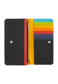 Black leather wallet with multiple card slots in vibrant colors, a zippered section, and snap closure in a compact design.